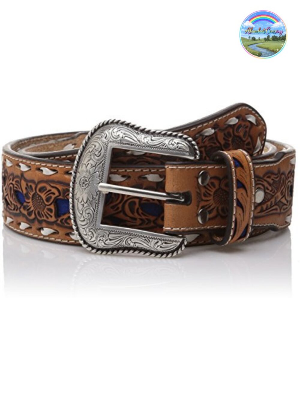 Natural Blue Wide Buckstitch Belt with Floral Embossed Strap and Removable